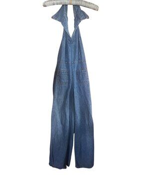 Vintage 70's Denim Halter Jumpsuit With Open Back & Wide-Leg Design sexy backles